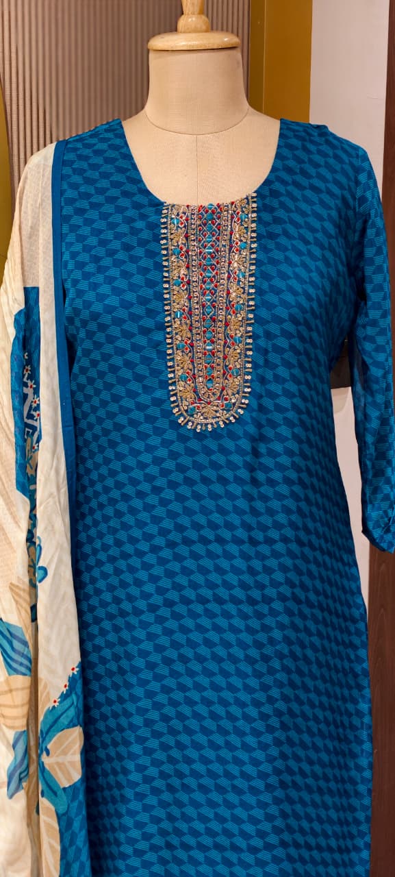 Traditional Embroidered Yoke Royal Blue Micro-Geometric Print Full Suit Set with Dupatta-LEAN FIT(ADVISIBLE NEXT SIZE)