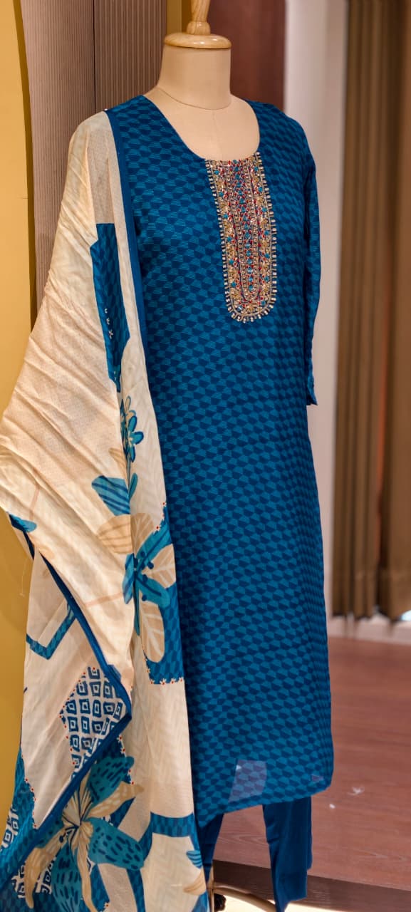 Traditional Embroidered Yoke Royal Blue Micro-Geometric Print Full Suit Set with Dupatta-LEAN FIT(ADVISIBLE NEXT SIZE)