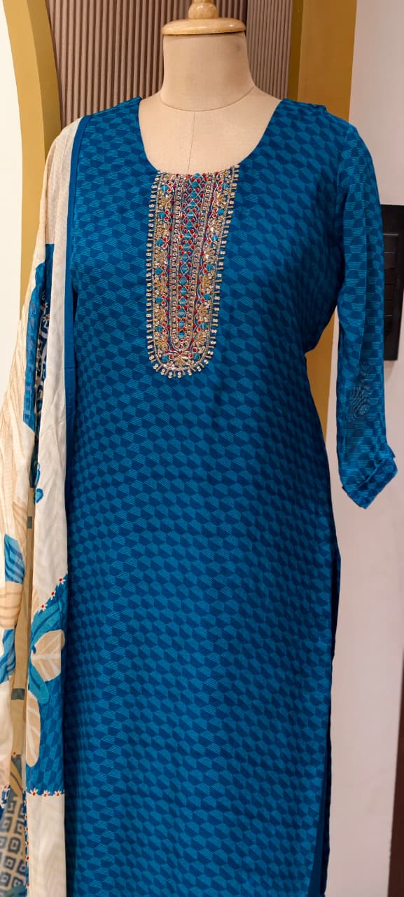 Traditional Embroidered Yoke Royal Blue Micro-Geometric Print Full Suit Set with Dupatta-LEAN FIT(ADVISIBLE NEXT SIZE)