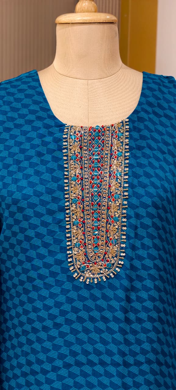 Traditional Embroidered Yoke Royal Blue Micro-Geometric Print Full Suit Set with Dupatta-LEAN FIT(ADVISIBLE NEXT SIZE)