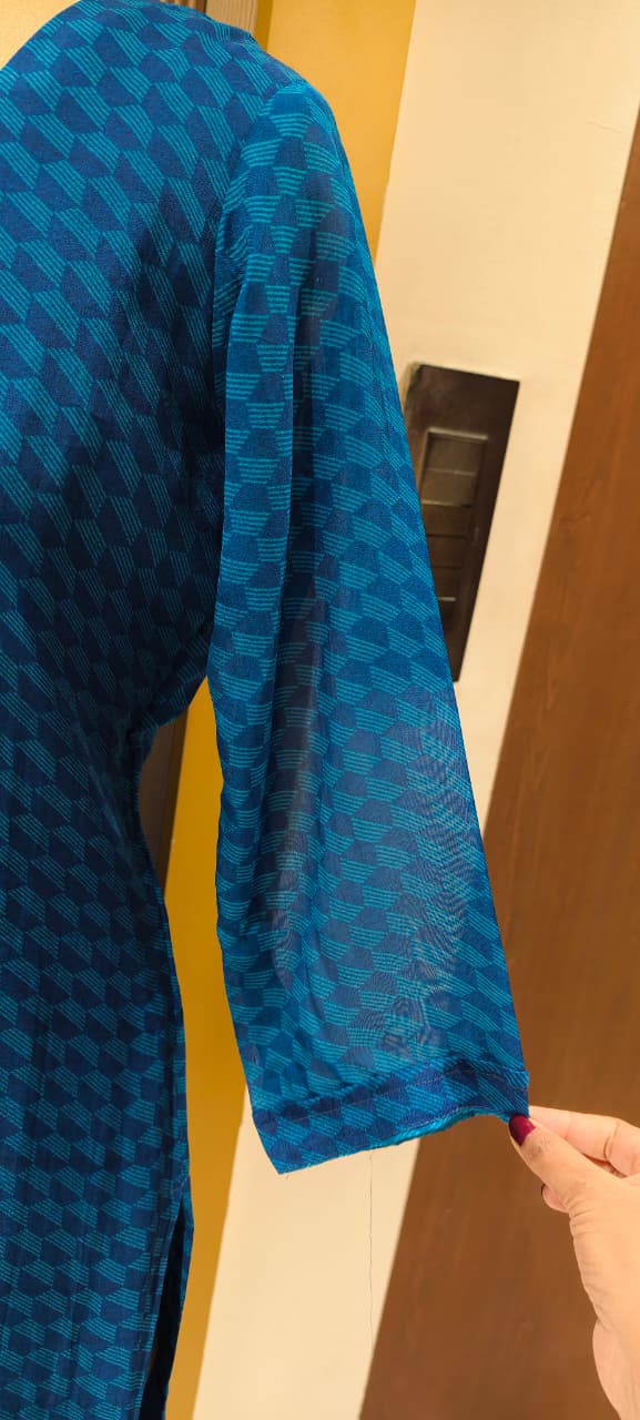 Traditional Embroidered Yoke Royal Blue Micro-Geometric Print Full Suit Set with Dupatta-LEAN FIT(ADVISIBLE NEXT SIZE)