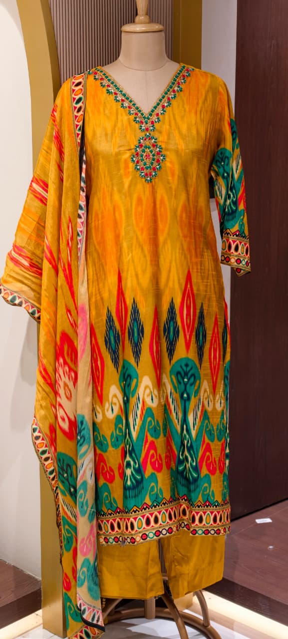 Intricate Zardosi & Stone Work Radiant Mustard Yellow Vibrant Ikat Print Russian Silk Full Suit Set with Dupatta-LEAN FIT(ADVISIBLE NEXT SIZE)