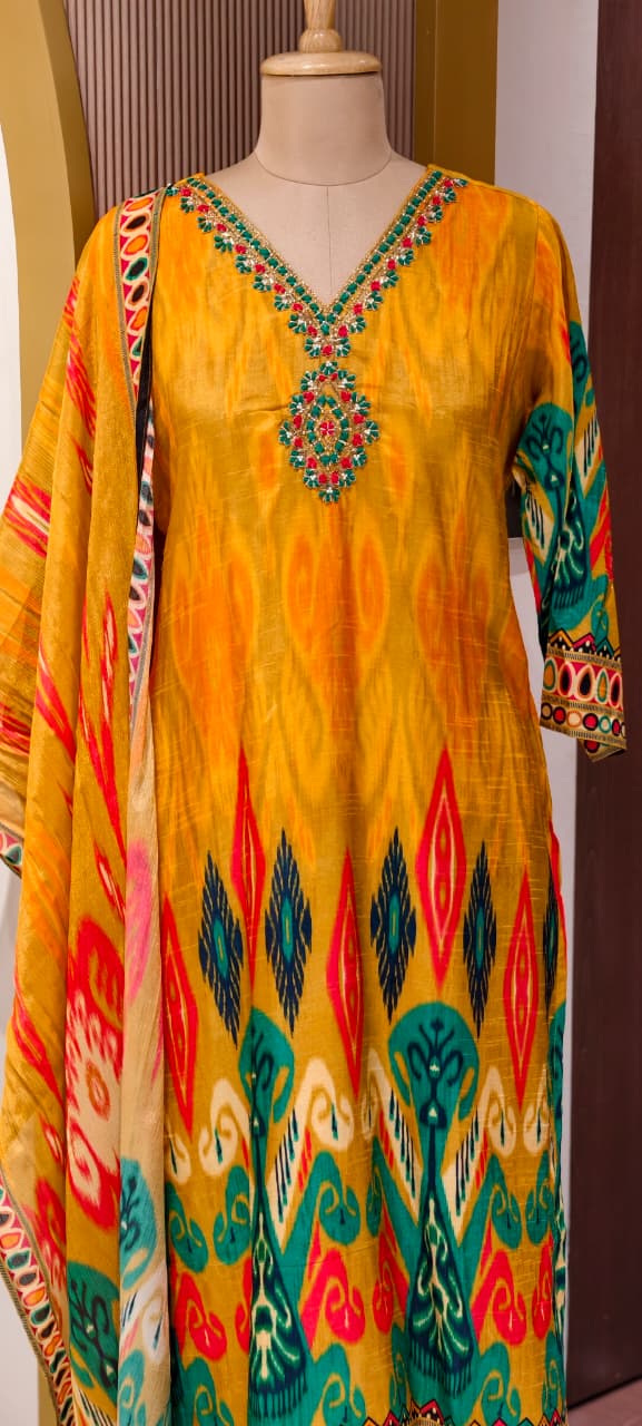 Intricate Zardosi & Stone Work Radiant Mustard Yellow Vibrant Ikat Print Russian Silk Full Suit Set with Dupatta-LEAN FIT(ADVISIBLE NEXT SIZE)