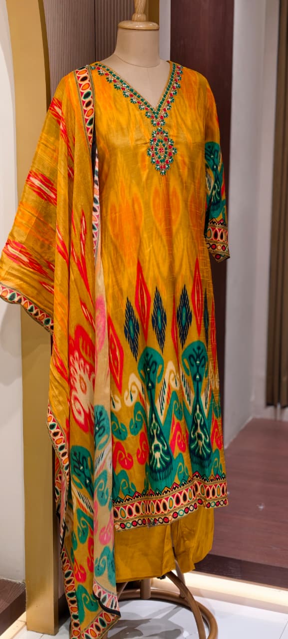 Intricate Zardosi & Stone Work Radiant Mustard Yellow Vibrant Ikat Print Russian Silk Full Suit Set with Dupatta-LEAN FIT(ADVISIBLE NEXT SIZE)