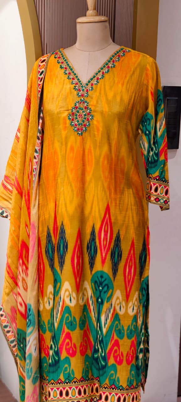 Intricate Zardosi & Stone Work Radiant Mustard Yellow Vibrant Ikat Print Russian Silk Full Suit Set with Dupatta-LEAN FIT(ADVISIBLE NEXT SIZE)