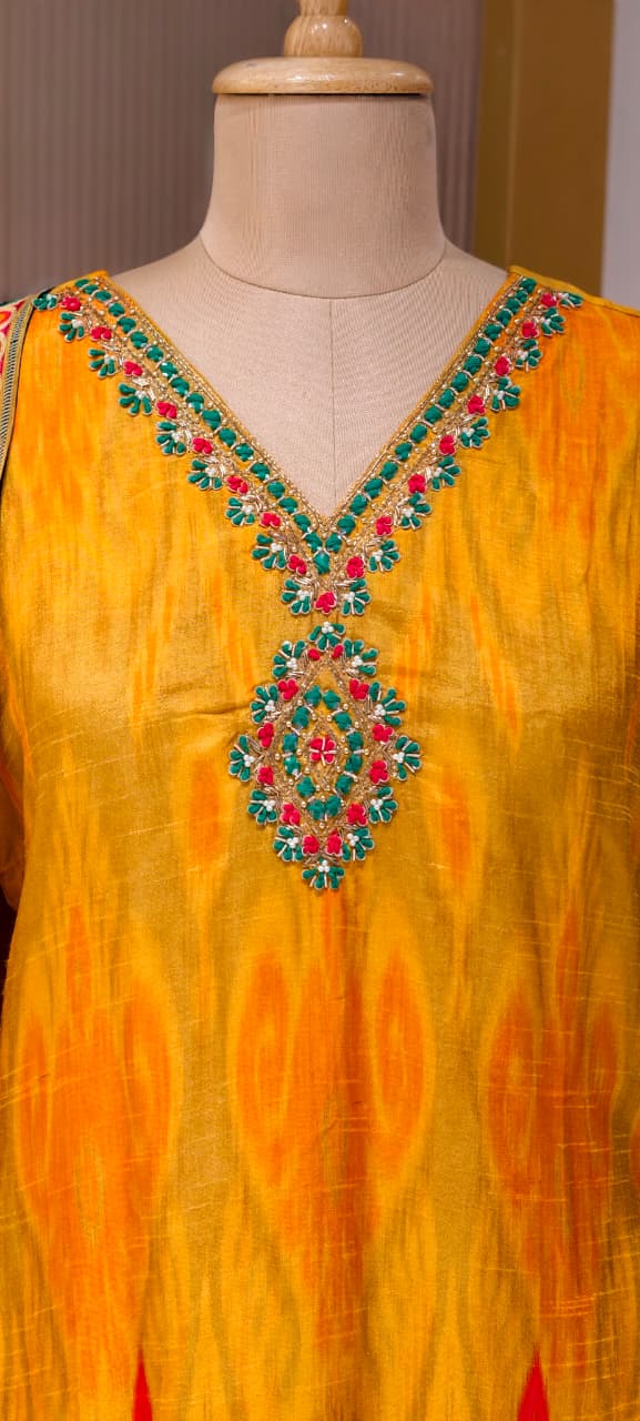Intricate Zardosi & Stone Work Radiant Mustard Yellow Vibrant Ikat Print Russian Silk Full Suit Set with Dupatta-LEAN FIT(ADVISIBLE NEXT SIZE)