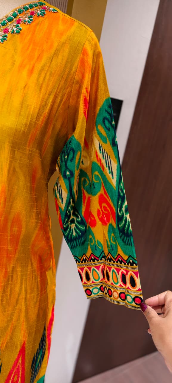 Intricate Zardosi & Stone Work Radiant Mustard Yellow Vibrant Ikat Print Russian Silk Full Suit Set with Dupatta-LEAN FIT(ADVISIBLE NEXT SIZE)