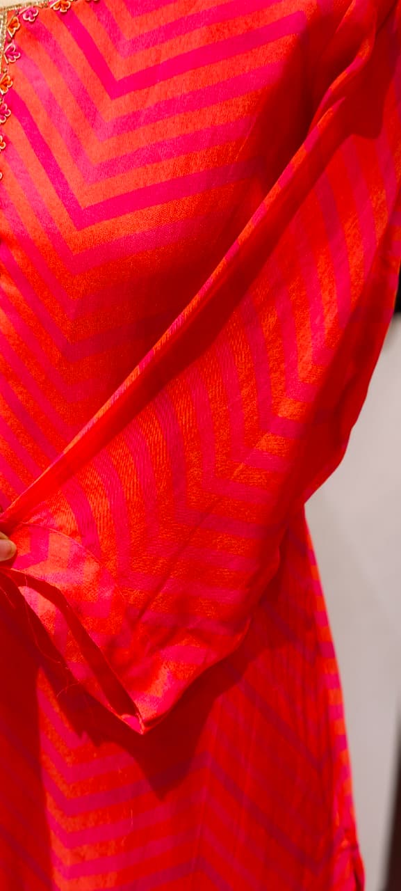 Sunset Crimson Festive Leheriya Full Suit Set with Premium Hand-Crafted Neckline-LEAN FIT(ADVISIBLE NEXT SIZE)