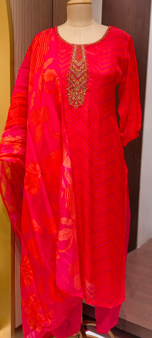 Sunset Crimson Festive Leheriya Full Suit Set with Premium Hand-Crafted Neckline-LEAN FIT(ADVISIBLE NEXT SIZE)