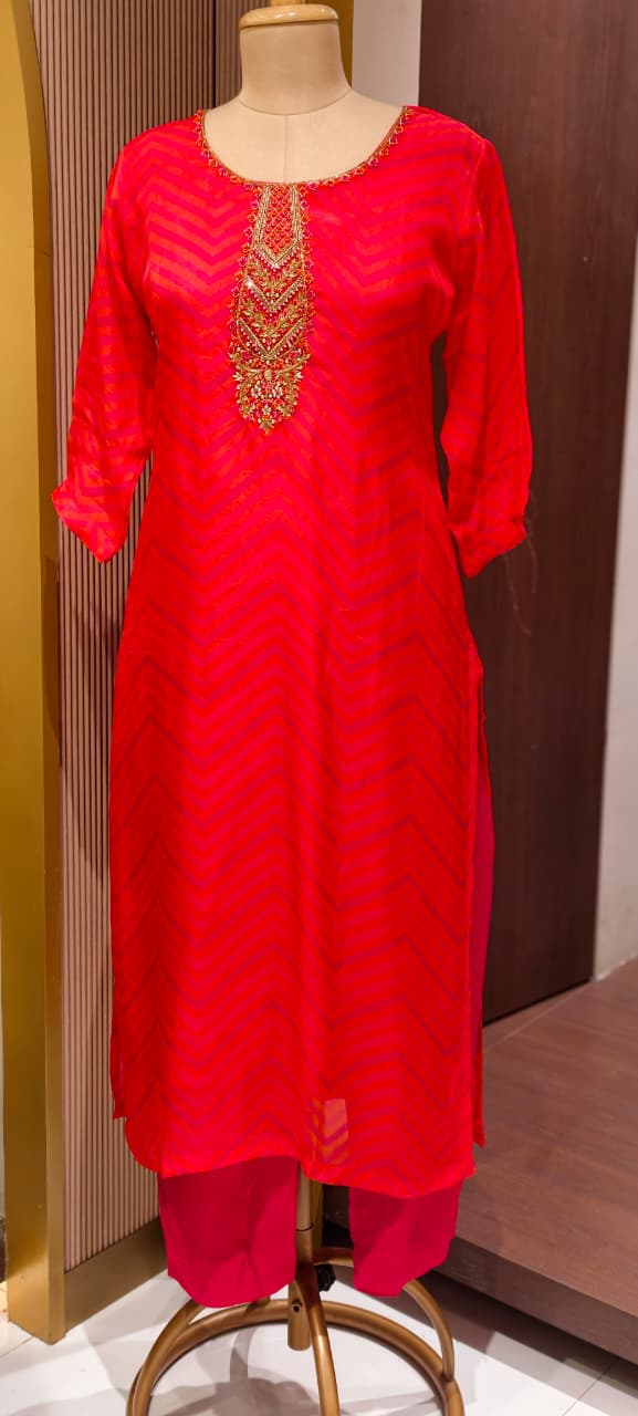 Sunset Crimson Festive Leheriya Full Suit Set with Premium Hand-Crafted Neckline-LEAN FIT(ADVISIBLE NEXT SIZE)
