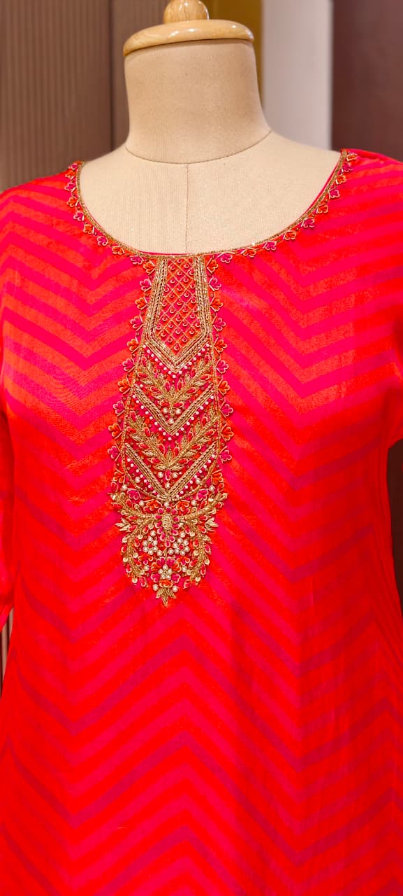 Sunset Crimson Festive Leheriya Full Suit Set with Premium Hand-Crafted Neckline-LEAN FIT(ADVISIBLE NEXT SIZE)