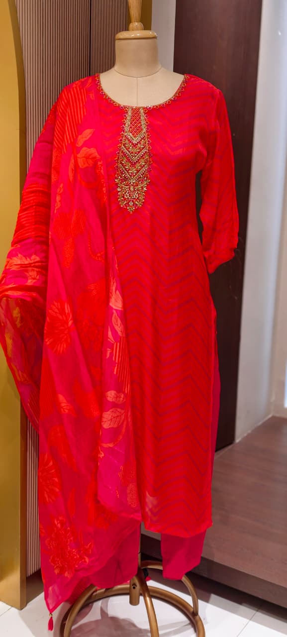 Sunset Crimson Festive Leheriya Full Suit Set with Premium Hand-Crafted Neckline-LEAN FIT(ADVISIBLE NEXT SIZE)