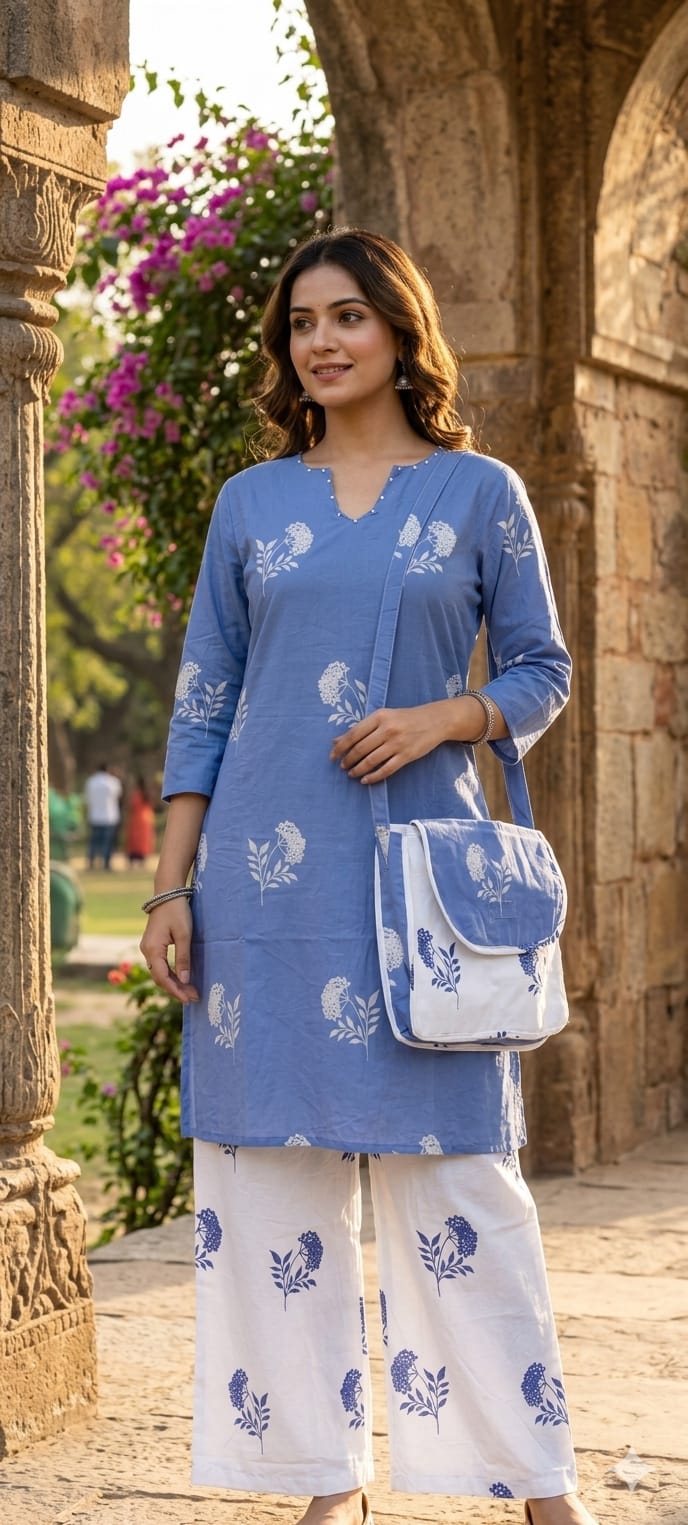 Floral Block Print Dual Color Cotton Co-ord Set with Matching Bag- 14901