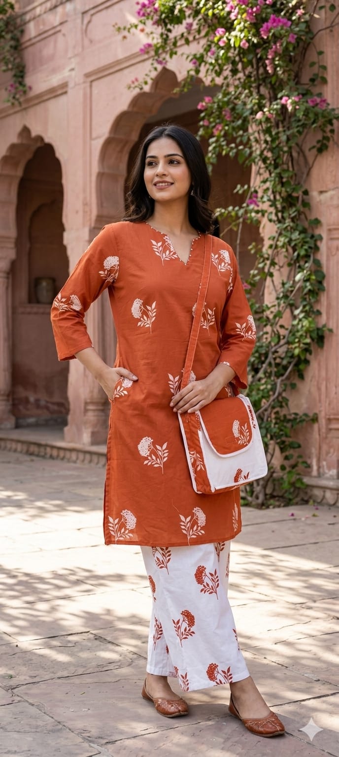 Floral Block Print Dual Color Cotton Co-ord Set with Matching Bag- 14901