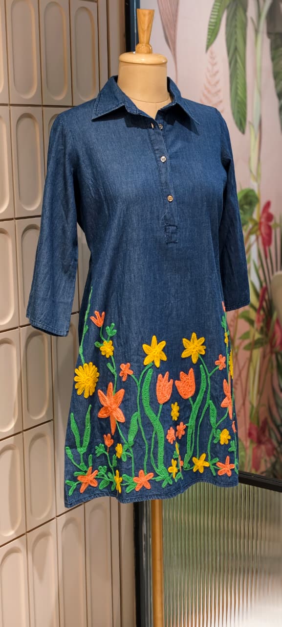 Floral Garden Colorful Thread Embroidery Denim Look Knee Length Frock- 14900