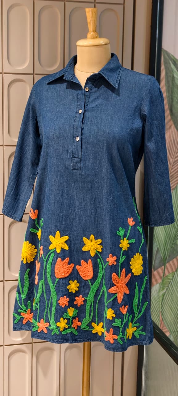 Floral Garden Colorful Thread Embroidery Denim Look Knee Length Frock- 14900