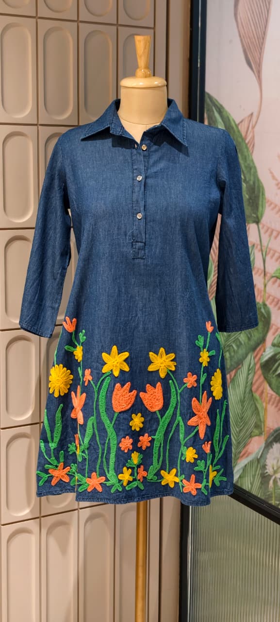 Floral Garden Colorful Thread Embroidery Denim Look Knee Length Frock- 14900