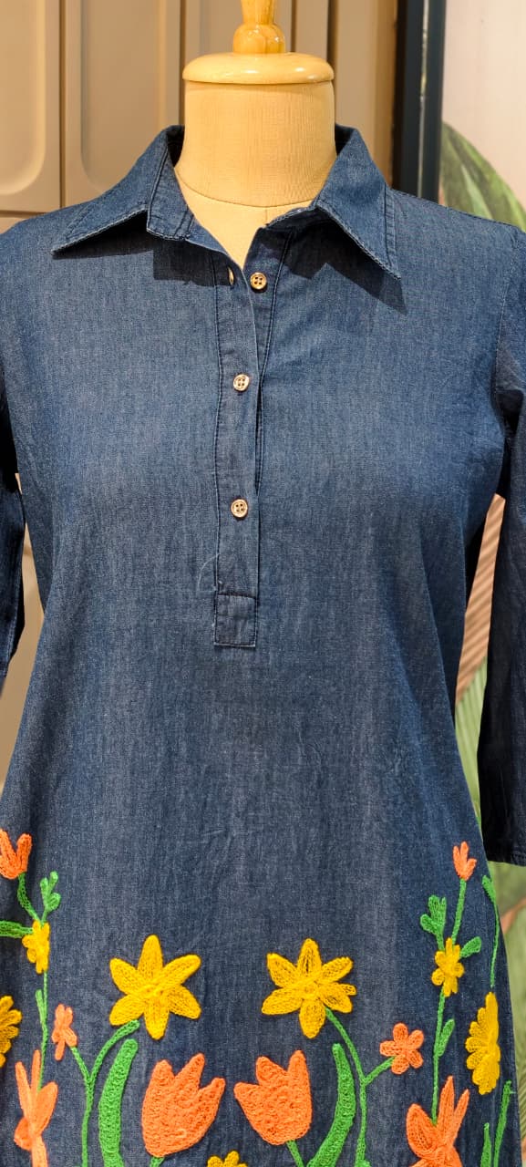 Floral Garden Colorful Thread Embroidery Denim Look Knee Length Frock- 14900