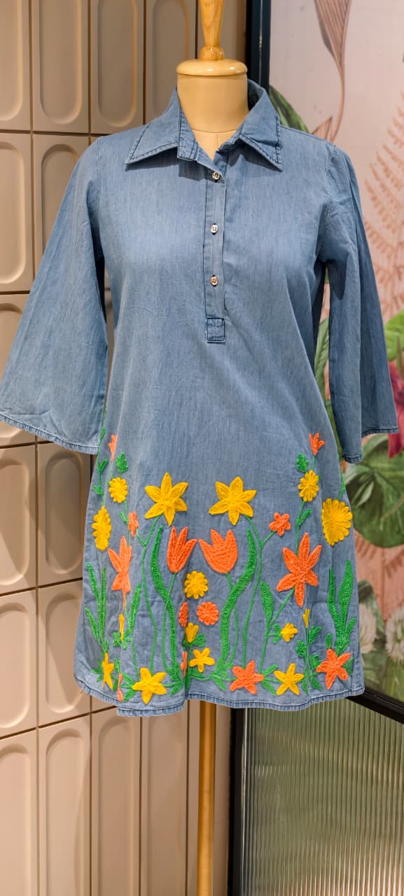 Floral Garden Colorful Thread Embroidery Denim Look Knee Length Frock- 14900