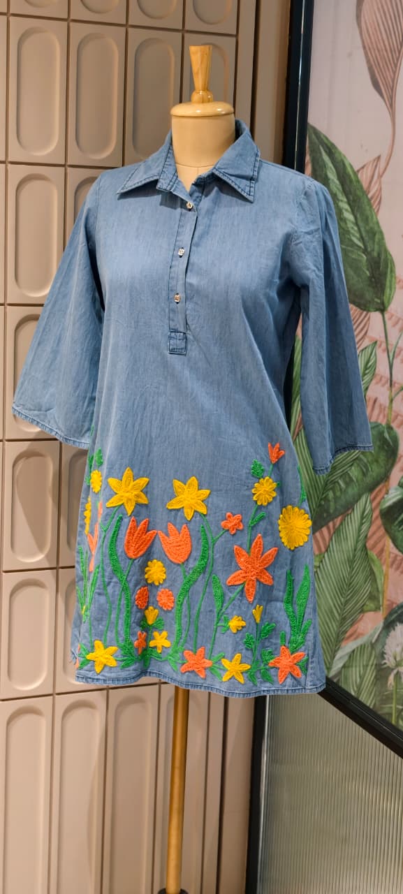 Floral Garden Colorful Thread Embroidery Denim Look Knee Length Frock- 14900