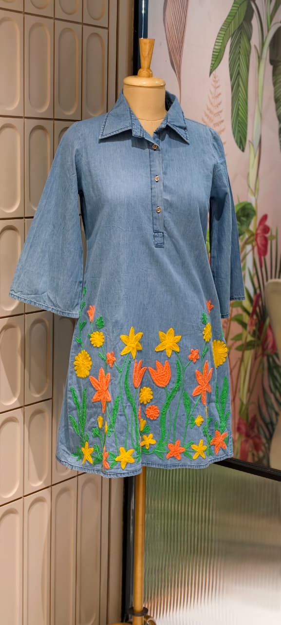 Floral Garden Colorful Thread Embroidery Denim Look Knee Length Frock- 14900