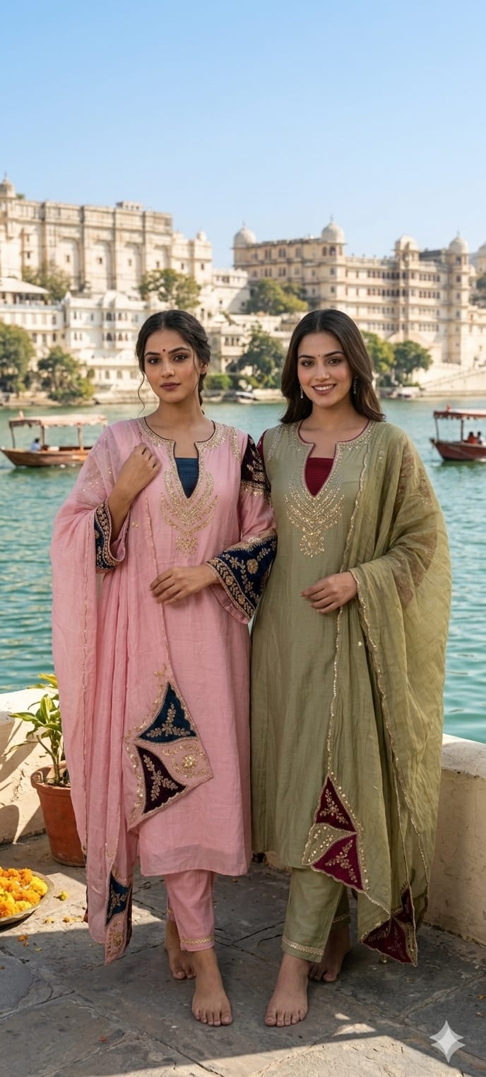 Elegant Mul-Chanderi Panel Anarkali Full Suit Set with Intricate Zardozi Neckline & Contrast Embroidered Sleeves- 14927