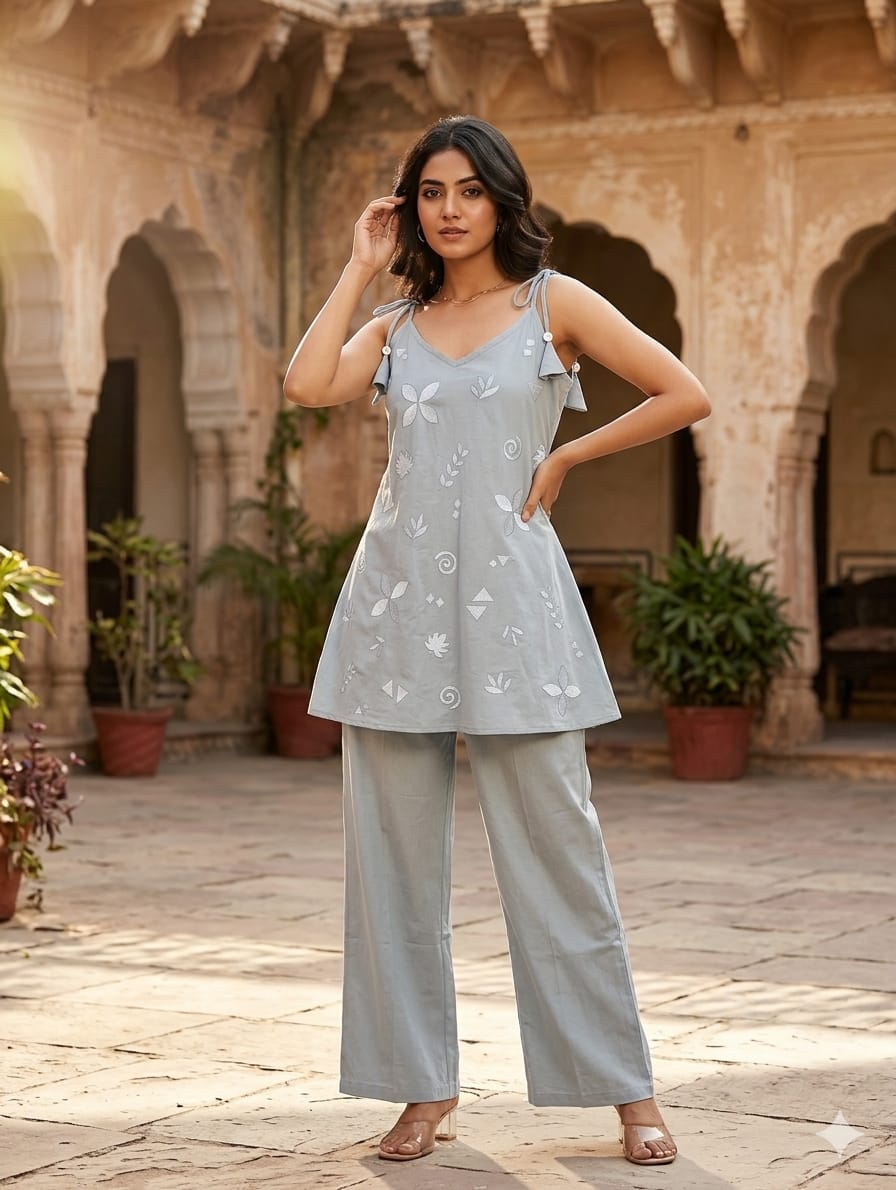 Sleeveless Strape Embroidered Cotton Camisole & Pants Co-Ord Set- 14965