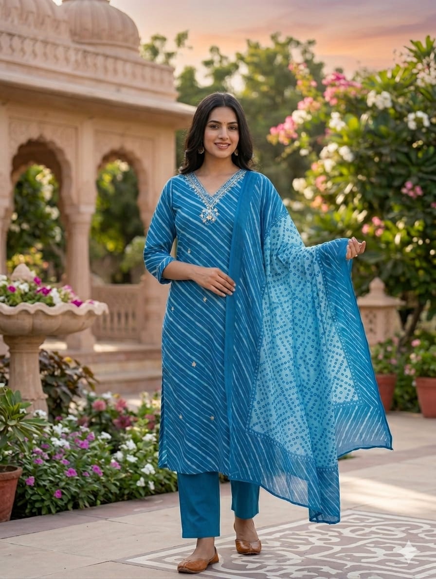 Elegant Lehariya Cotton V-Neck Embroidered Straight Kurta with Bottom and Dupatta