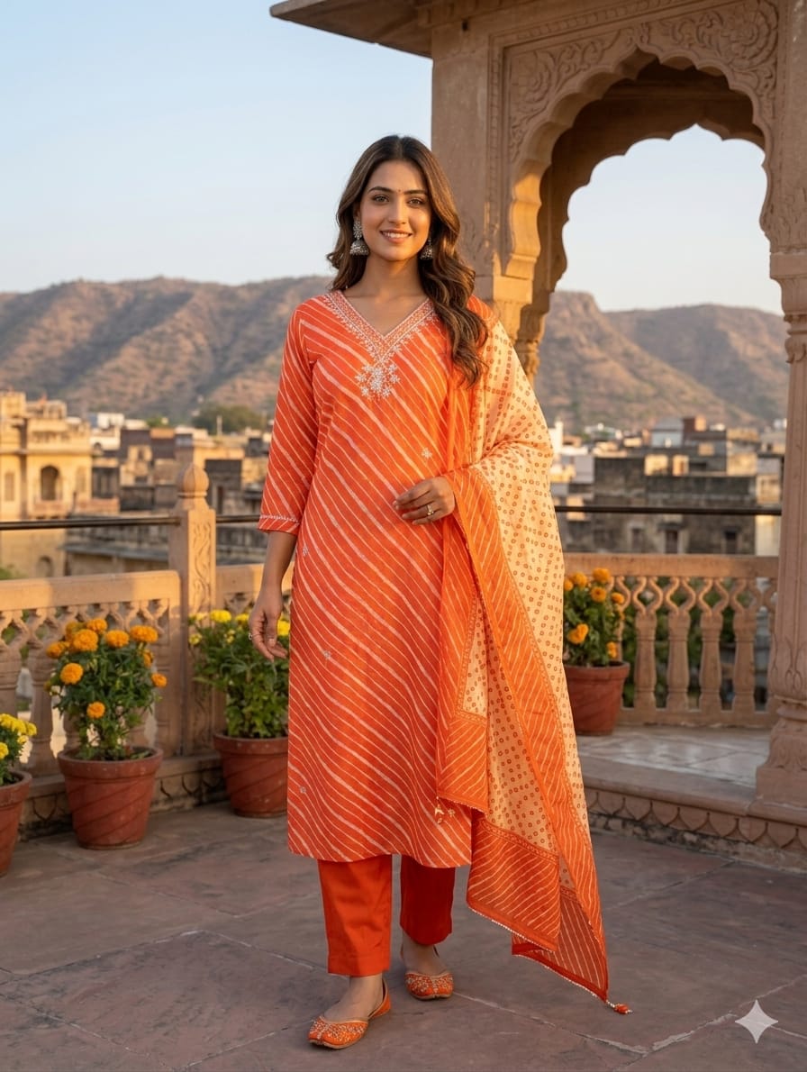Elegant Lehariya Cotton V-Neck Embroidered Straight Kurta with Bottom and Dupatta
