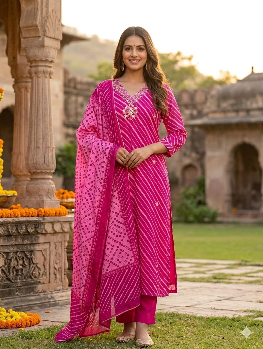 Elegant Lehariya Cotton V-Neck Embroidered Straight Kurta with Bottom and Dupatta