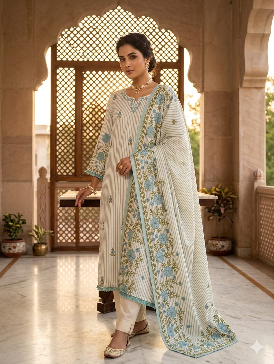 Soft Cotton Striped Full Suit Set with Floral Threadwork & Dupatta