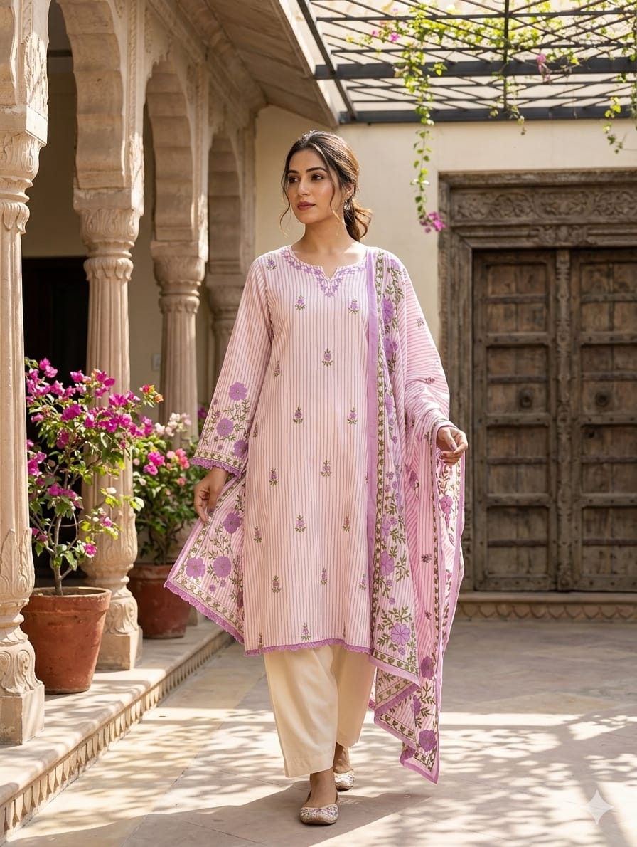 Soft Cotton Striped Full Suit Set with Floral Threadwork & Dupatta