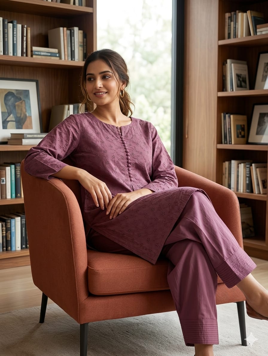 Solid Shifli Embroidered Button-down Cotton Co-Ord Set- 14969