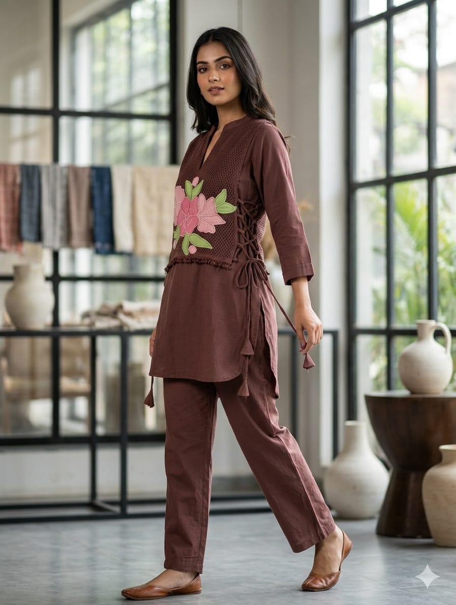 Floral Applique Co-ords Set with Jute Cotton Textured Overlay- 14962