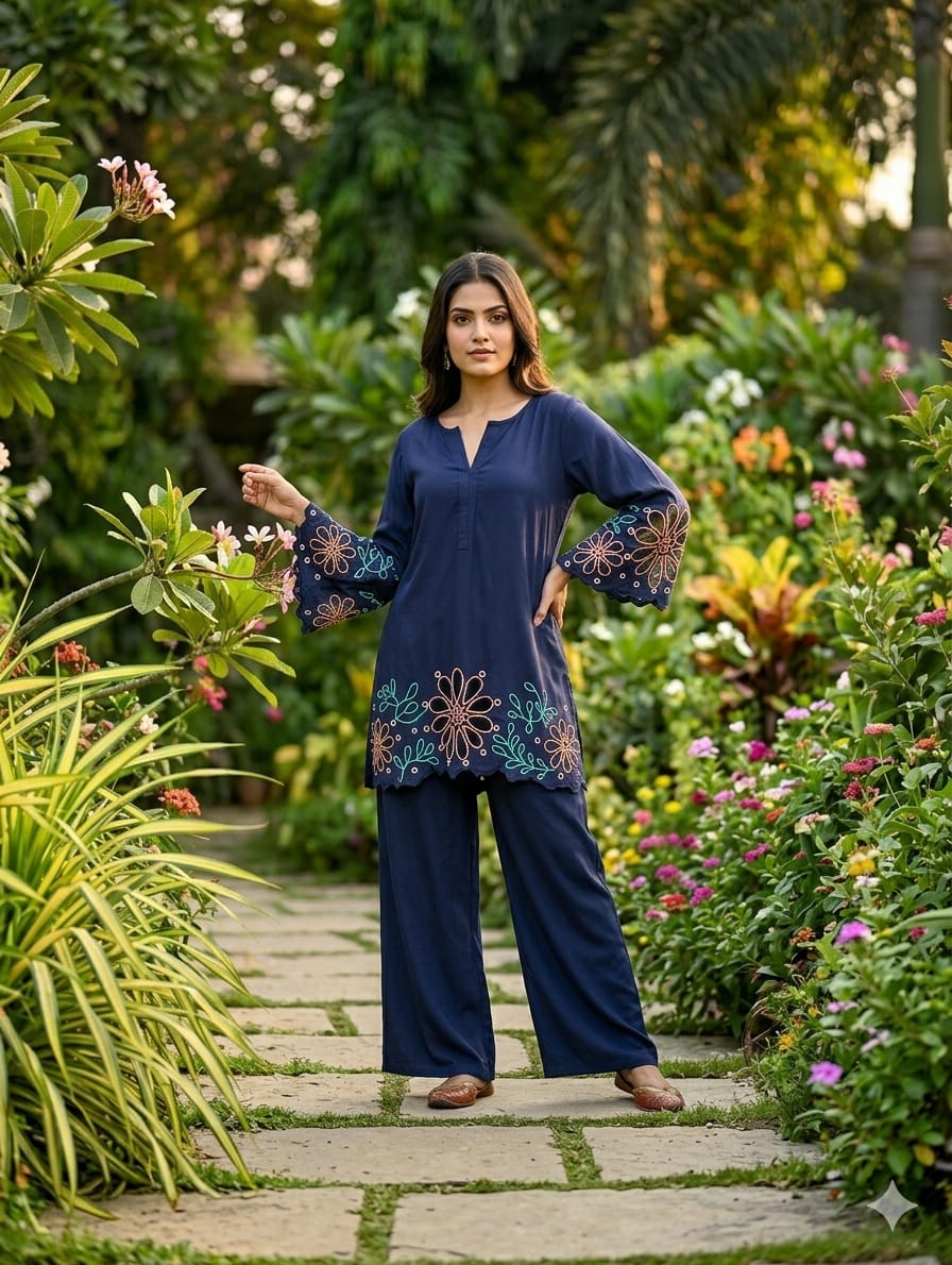 Premium Imported Fabric Floral Hem Cut-Work Embroidery Co-Ord Set- 14970
