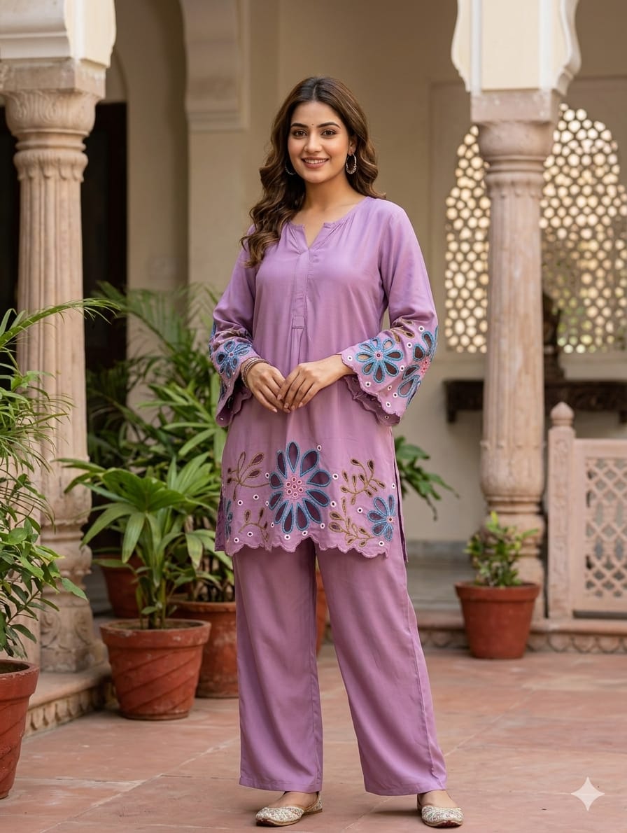 Premium Imported Fabric Floral Hem Cut-Work Embroidery Co-Ord Set- 14970