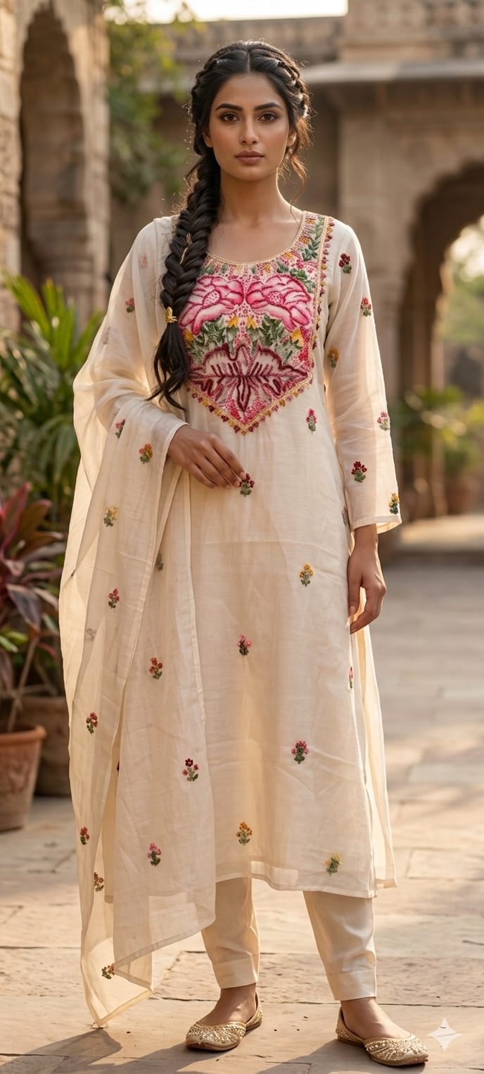 Beautiful Embroidered Yoke With Butti Work Aline Pure Mulchanderi Full Suit Set
