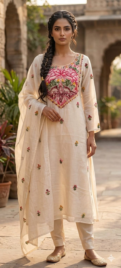 Beautiful Embroidered Yoke With Butti Work Aline Pure Mulchanderi Full Suit Set With Dupatta- 15129