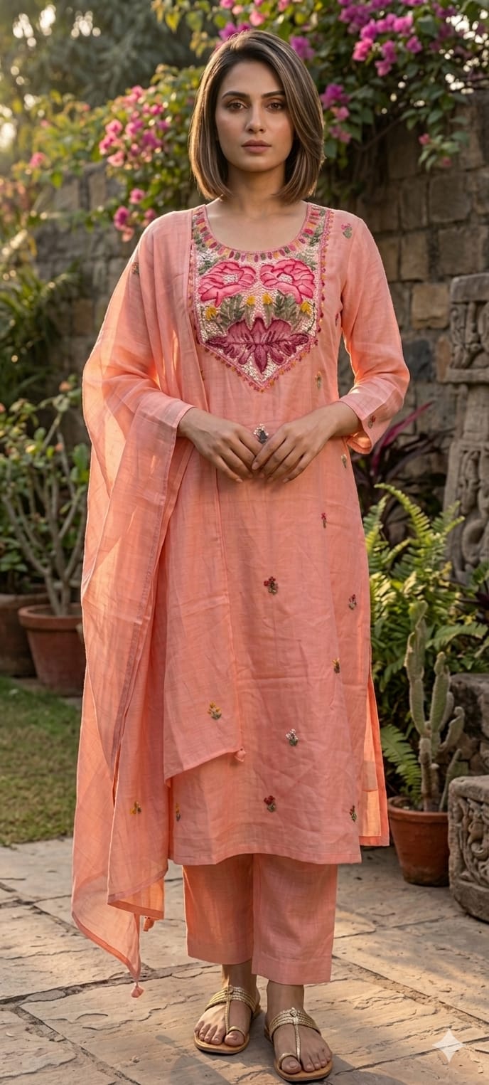 Beautiful Embroidered Yoke With Butti Work Aline Pure Mulchanderi Full Suit Set