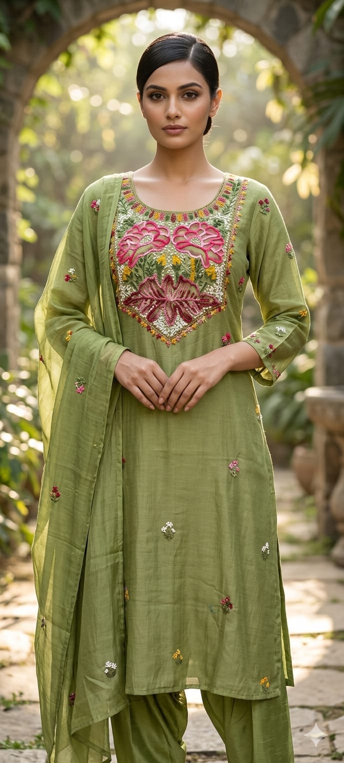Beautiful Embroidered Yoke With Butti Work Aline Pure Mulchanderi Full Suit Set