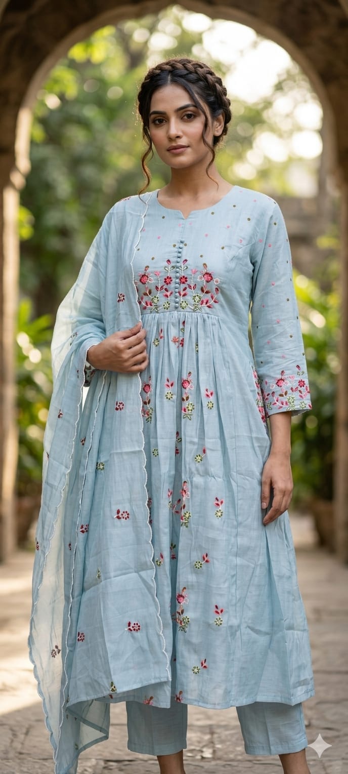 Thread Embroidered Aline Pastel Shade Surat Mulchnanderi Full Suit Set-15124