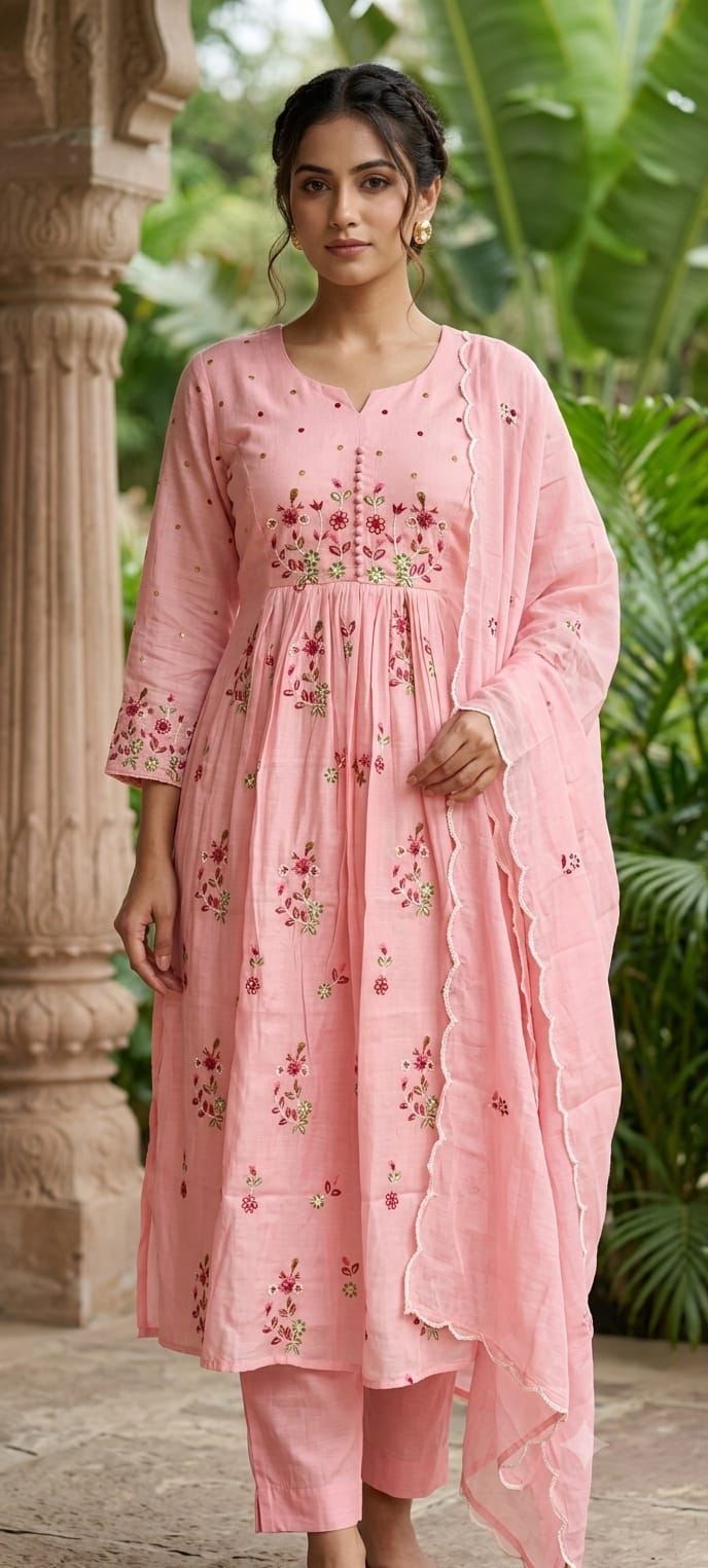 Thread Embroidered Aline Pastel Shade Surat Mulchnanderi Full Suit Set-15124