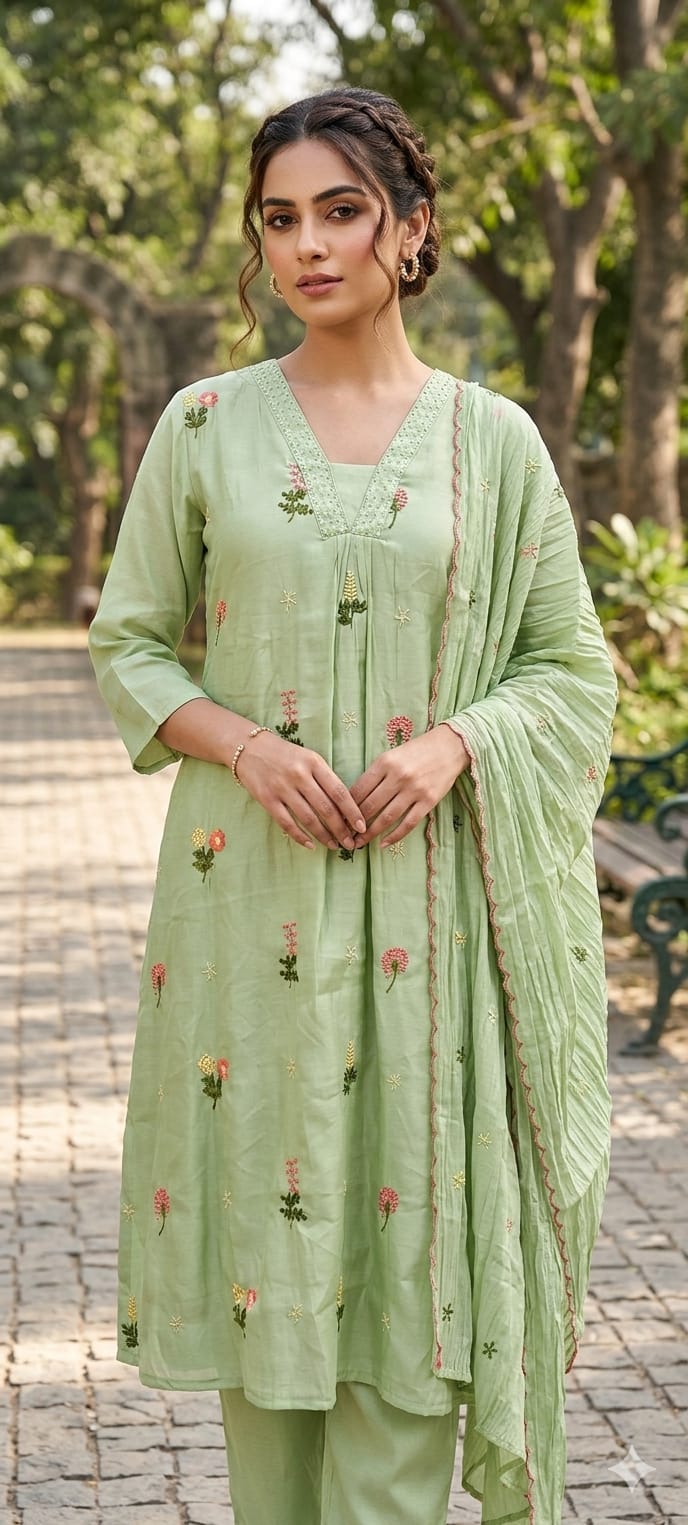 A-Line Surat Mul Chanderi Full Suit with Floral Embroidery-15116