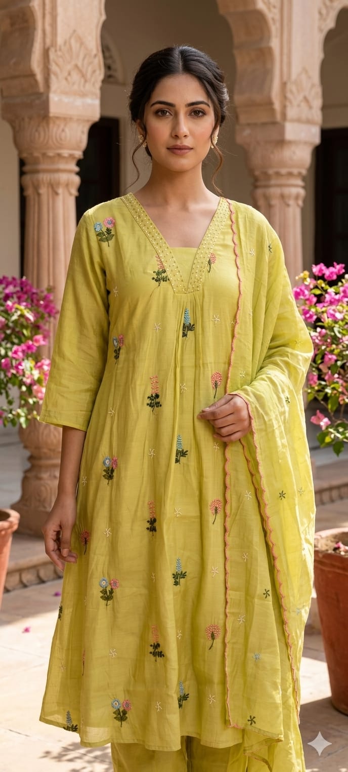 A-Line Surat Mul Chanderi Full Suit with Floral Embroidery-15116