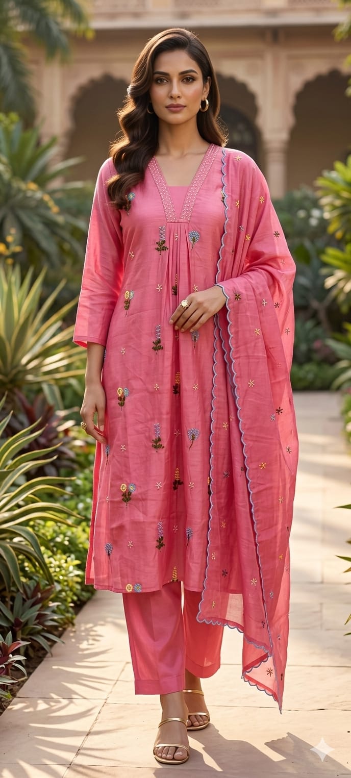 A-Line Surat Mul Chanderi Full Suit with Floral Embroidery-15116