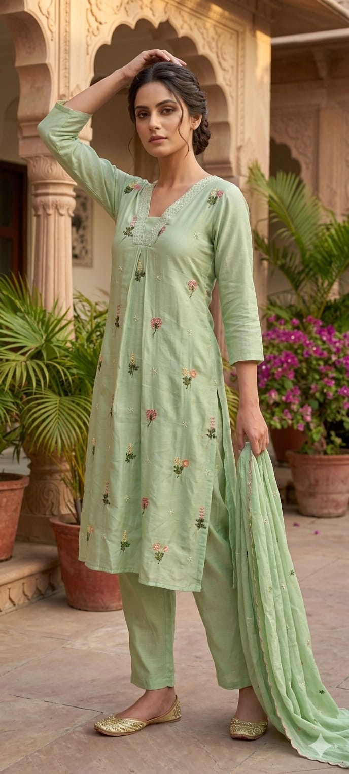 A-Line Surat Mul Chanderi Full Suit with Floral Embroidery-15116