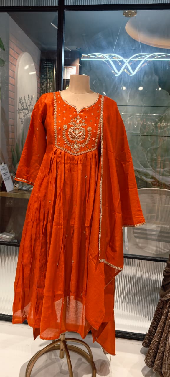 Rust Orange Cotton Blend Embroidered Flared Aline Kurta with 3/4 Sleeves full suit -15157