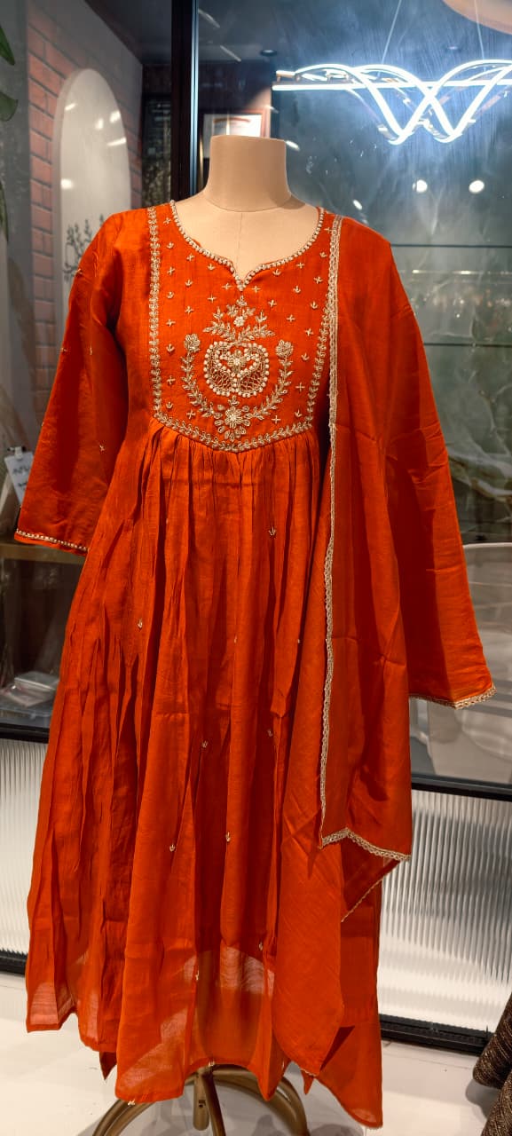 Rust Orange Cotton Blend Embroidered Flared Aline Kurta with 3/4 Sleeves full suit -15157