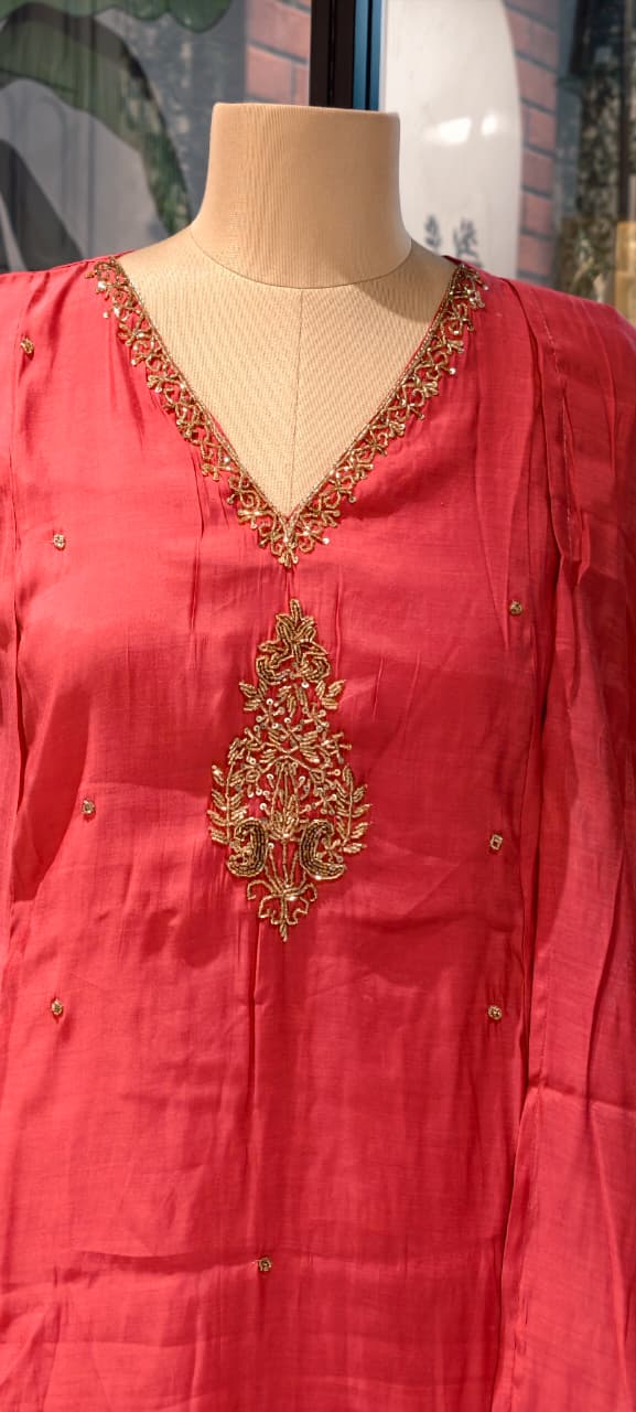 A-Line Kurta Pant & Dupatta Premium Surat Mulchanderi Embroidered Full Suit