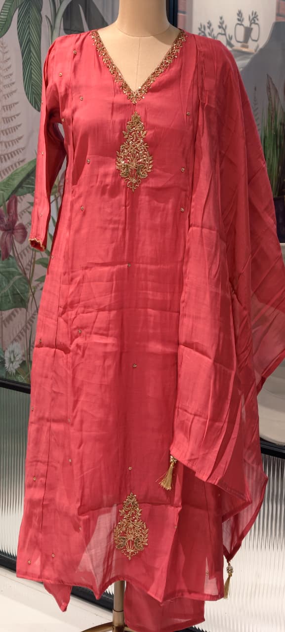 A-Line Kurta Pant & Dupatta Premium Surat Mulchanderi Embroidered Full Suit